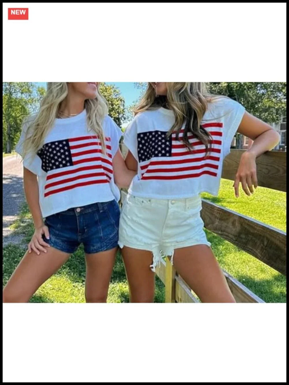 American Flag Cap Sleeve Crew Neck Summer Knit Pullover Top